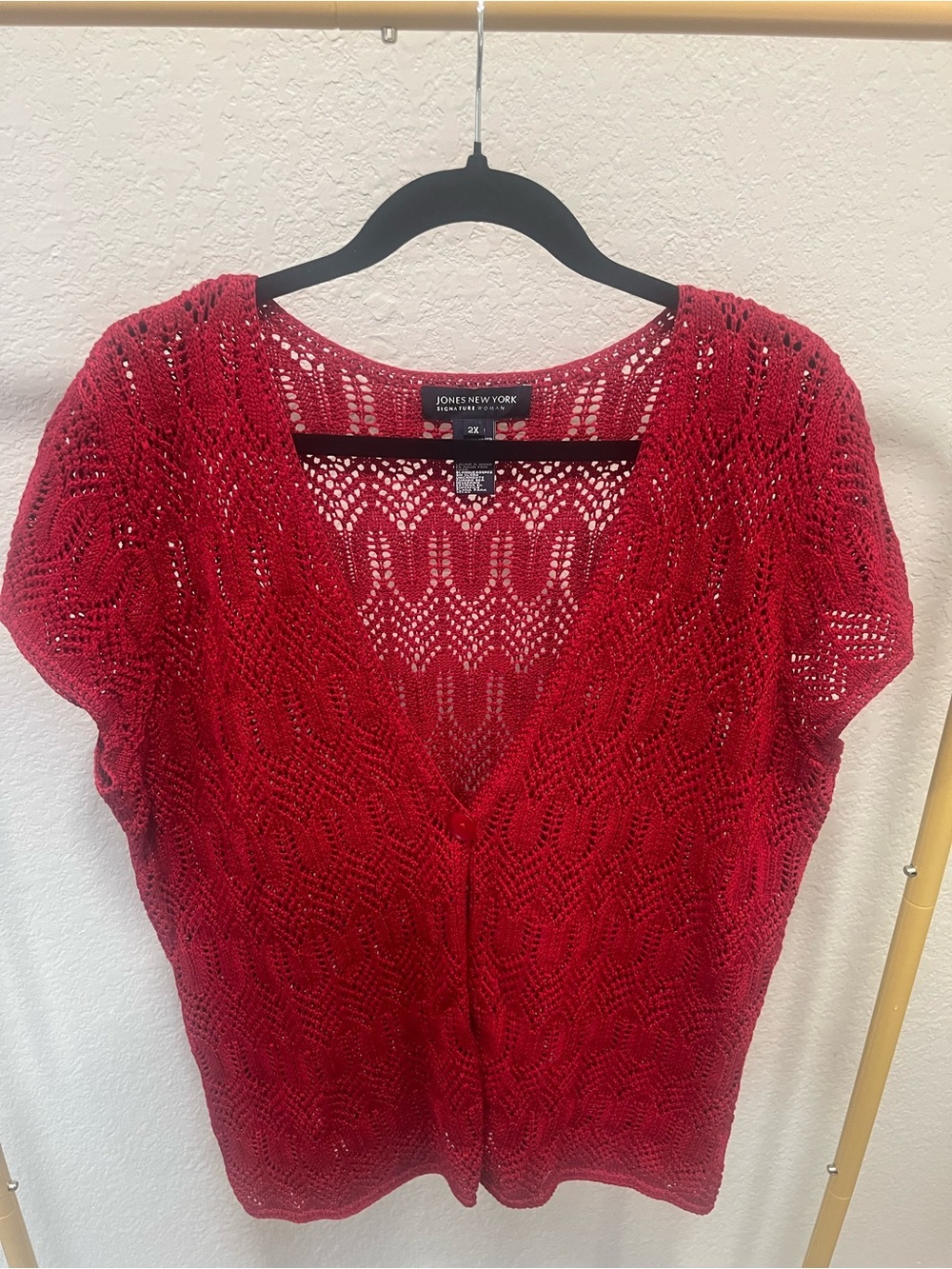 Jones New York Signature Woman 2X Red Crochet Open Knit Cardigan Short Sleeve